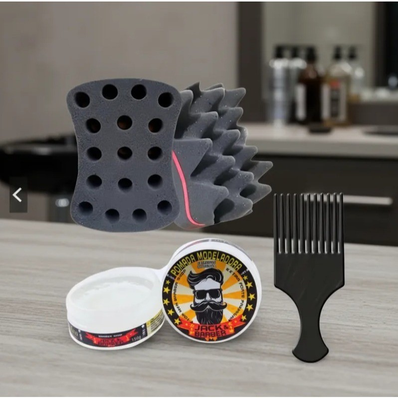 Kit Afro Com Pente Garfo + Esponja Nudred Dupla Média + Pomada Barber