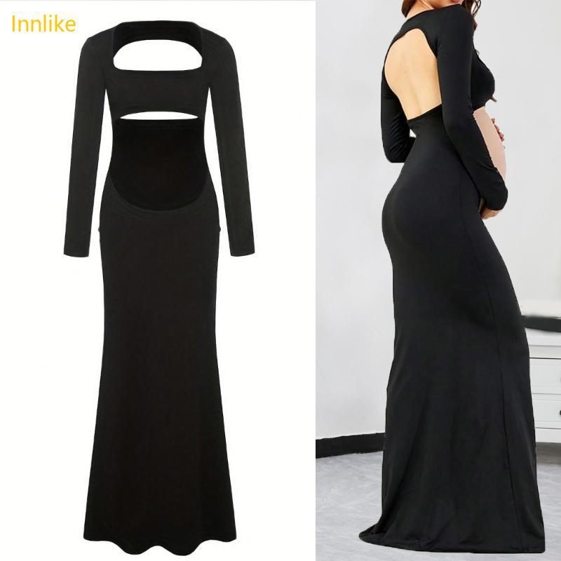 Innlike Vestido Design Abertas, Tecido Elástico, Elegante, Comprimento Do Chão, Bainha, Recorte Ba