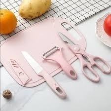 Kit 4 Utensílios de Cozinha Descascador Tábua Cortador Talheres Faca Inox Tesoura Afiado Fruta Legumes Achadinhos