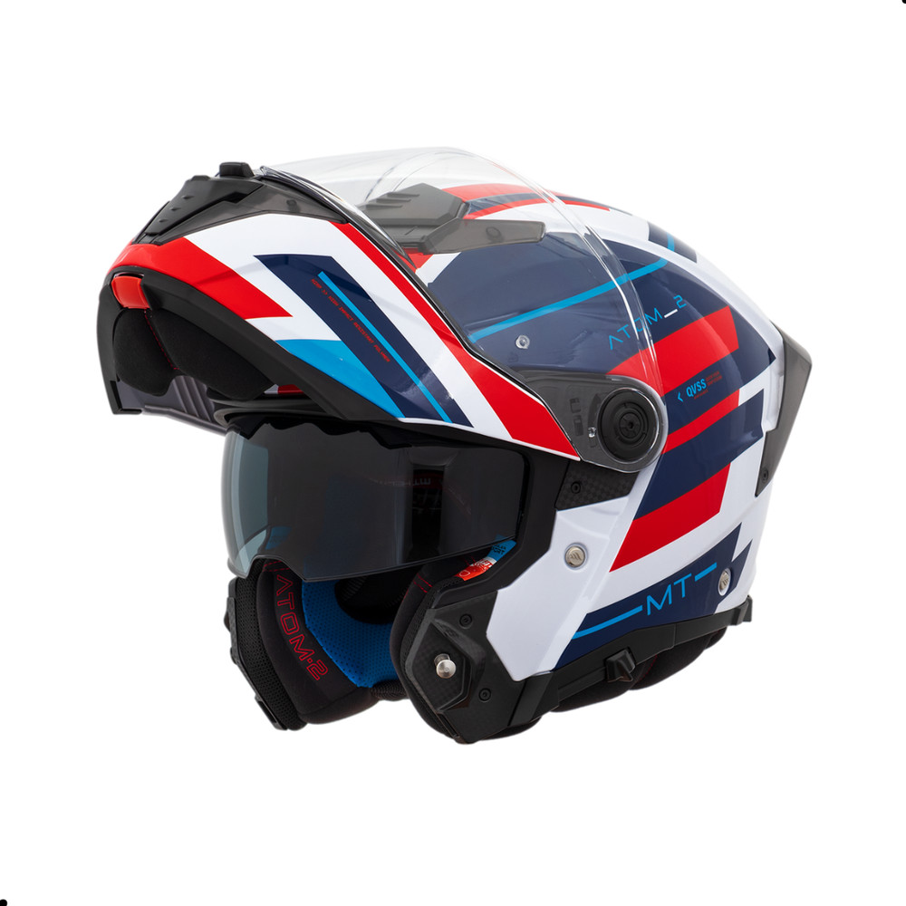 Capacete MT Escamoteavel Articulado Viseira Solar Atom 2 SV Alkaline F0 Azul Branco Vermelho
