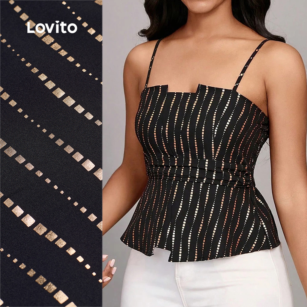 Lovito Elegante Top Glitter Estrutura Linha Primavera/verão Top Preto para Mulheres LBL32270 em Oferta na Shopee