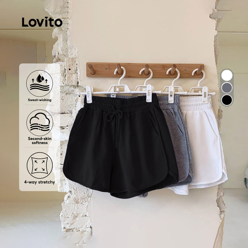 Lovito Short Esportivo Preto Respirável Outdoor Esportes Ao Ar Livre Corrida Yoga Treino Feminino LNA137051 em Oferta na Shopee