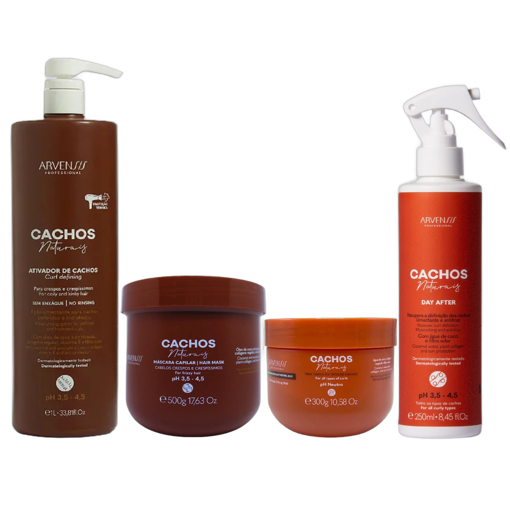 Kit Arvensis Cachos Naturais - Ativador Crespos 1L & Máscara Crespos 500g + Geleia Alta Fixação 300g + Day After 250ml