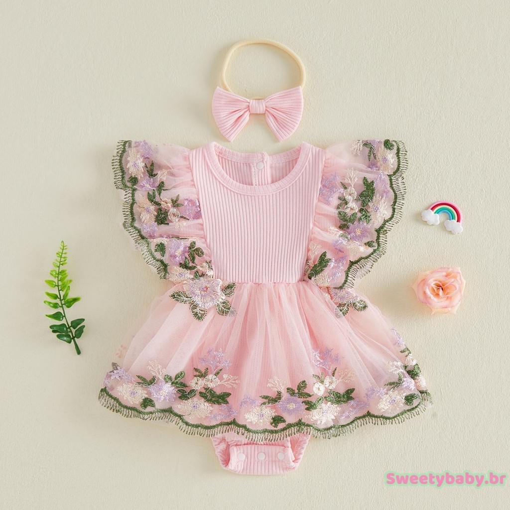 [CoRn] Body Para Bebês Meninas Manga Voadora Gola Redonda Bordado Floral Malha Patchwork Com Conjunto De Faixa De Cabeça