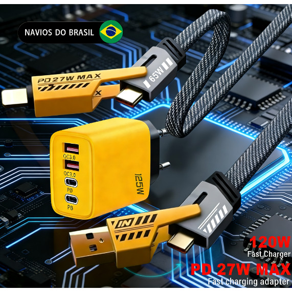 Carregador PD USD 120W 4 Portas De Carregamento Rápido Adaptador USB 3.0 Com Cabo Para Cabos iOS Tipo C Candy