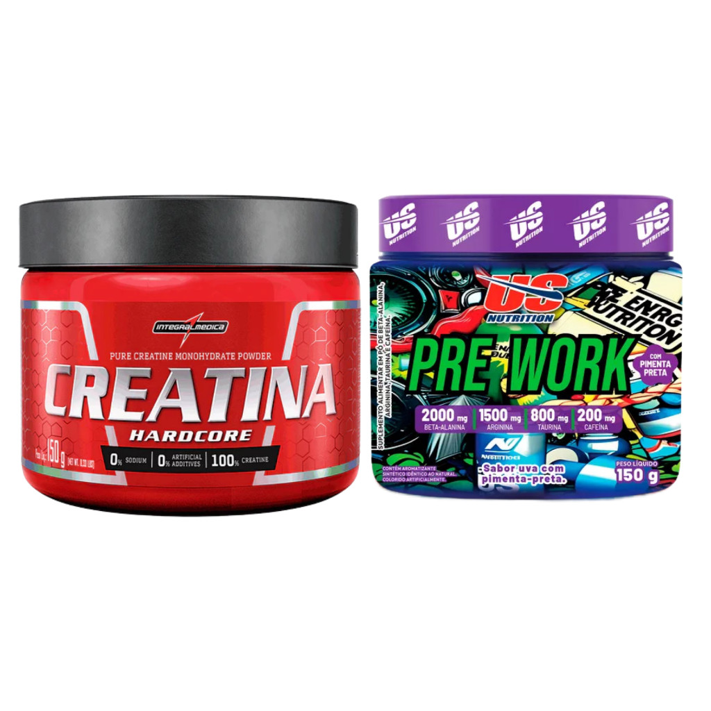 Creatina Integralmédica 100% Pura + Pré-Treino Pre Work Energy US Nutrition 150g em Oferta na Shopee