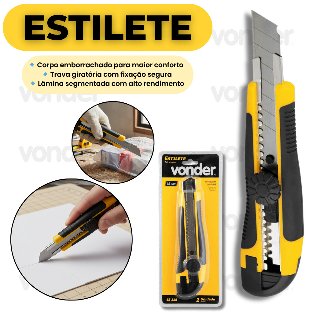 Estilete Vonder 18mm Profissional Emborrachado com Trava Giratória Lâmina Segmentada e Alta Precisão
