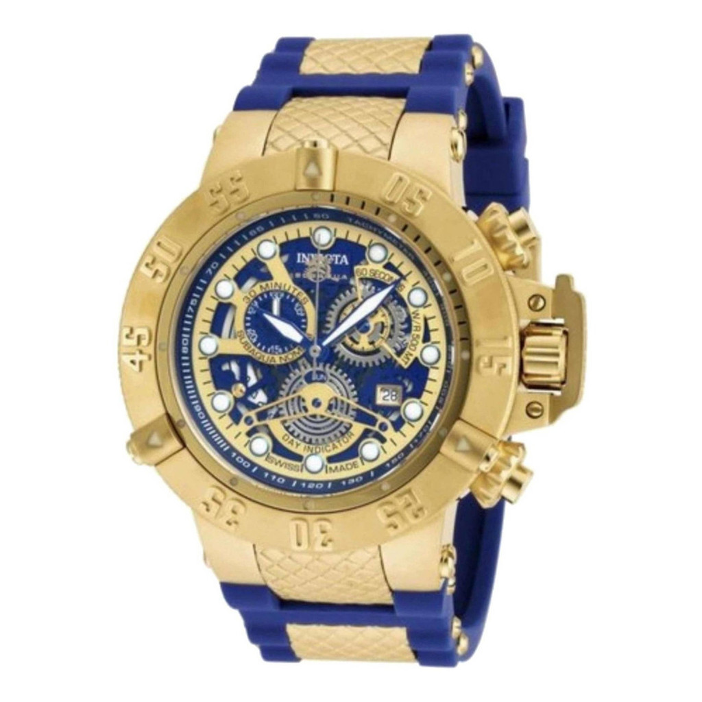 Relógio de pulso Invicta 18527 com corria de aço inoxidável/silicone cor ouro/azul - fondo azul - bisel ouro