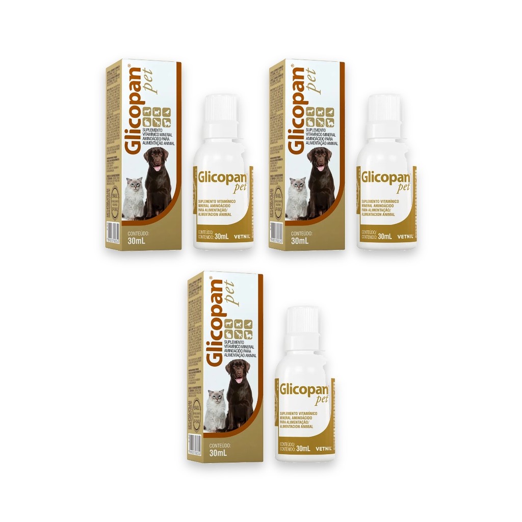 Suplemento Glicopan Pet 30ML - Suplemento Vitamínico Para Cães, Gatos, Aves, Roedores, Répteis. 3 unidades