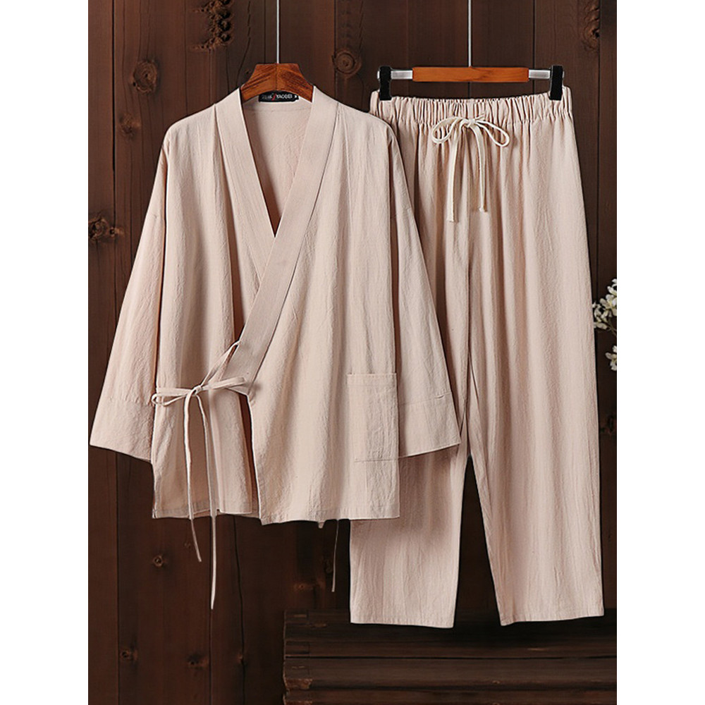 Terno de linho de algodão masculino Sauna roupas lavar Yu roupas suor vapor roupas taoísta Robe pijamas puro algodão mas