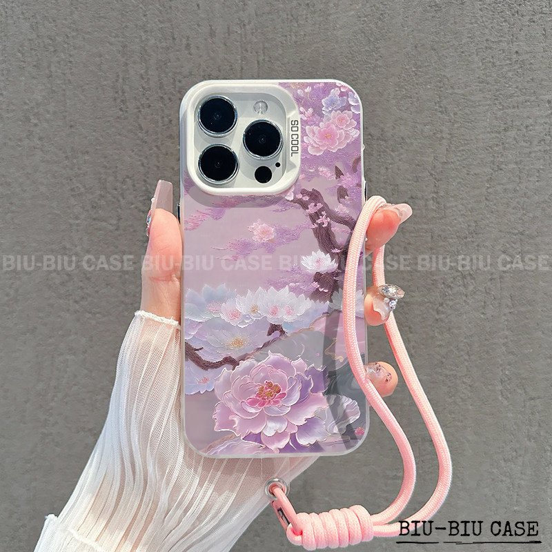 Capinha capa de Flor de Pêssego Bonita iPhone 17 11 12 13 15 14 16 Pro Max Xr Xs Max 7+ 8+ pulseira rosa Capa TPU choque