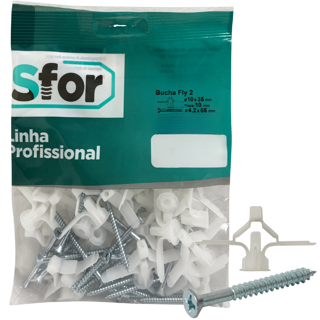 100 Kits Bucha Fly 2 10mm Parafuso 4,2x55mm Sfor Para Drywall Gesso Oferta