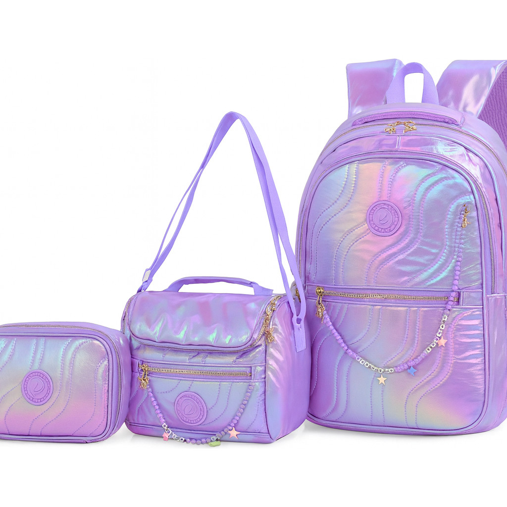 Kit Mochila Escolar Juvenil Feminina Com Estojo E Lancheira 3 Peças