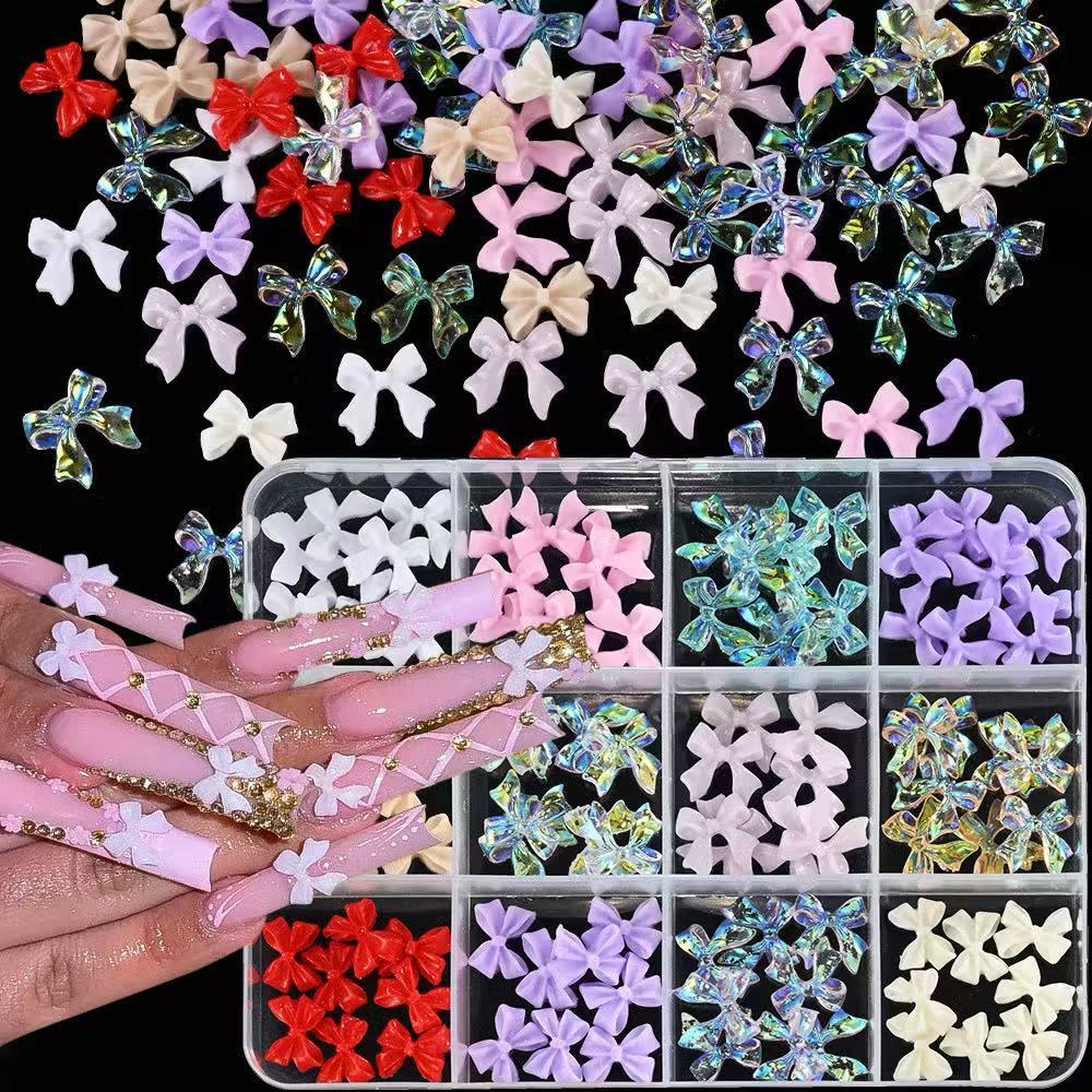 Caixa 12 Grade Resina Bowknot Prego Encantos 3D Colorido Misturado Decoraçõe Da Arte Do Prego Ferramenta Manicure