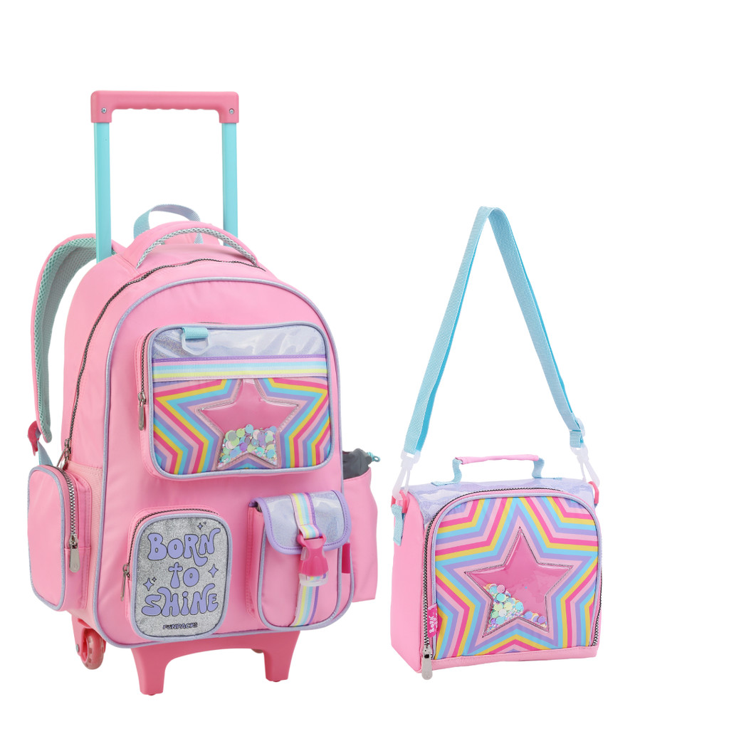 Mochila Rodinha Escolar Infantil Feminina Rosa Born To Shine Com Lancheira Térmica Resistente Kit Escolar Menina