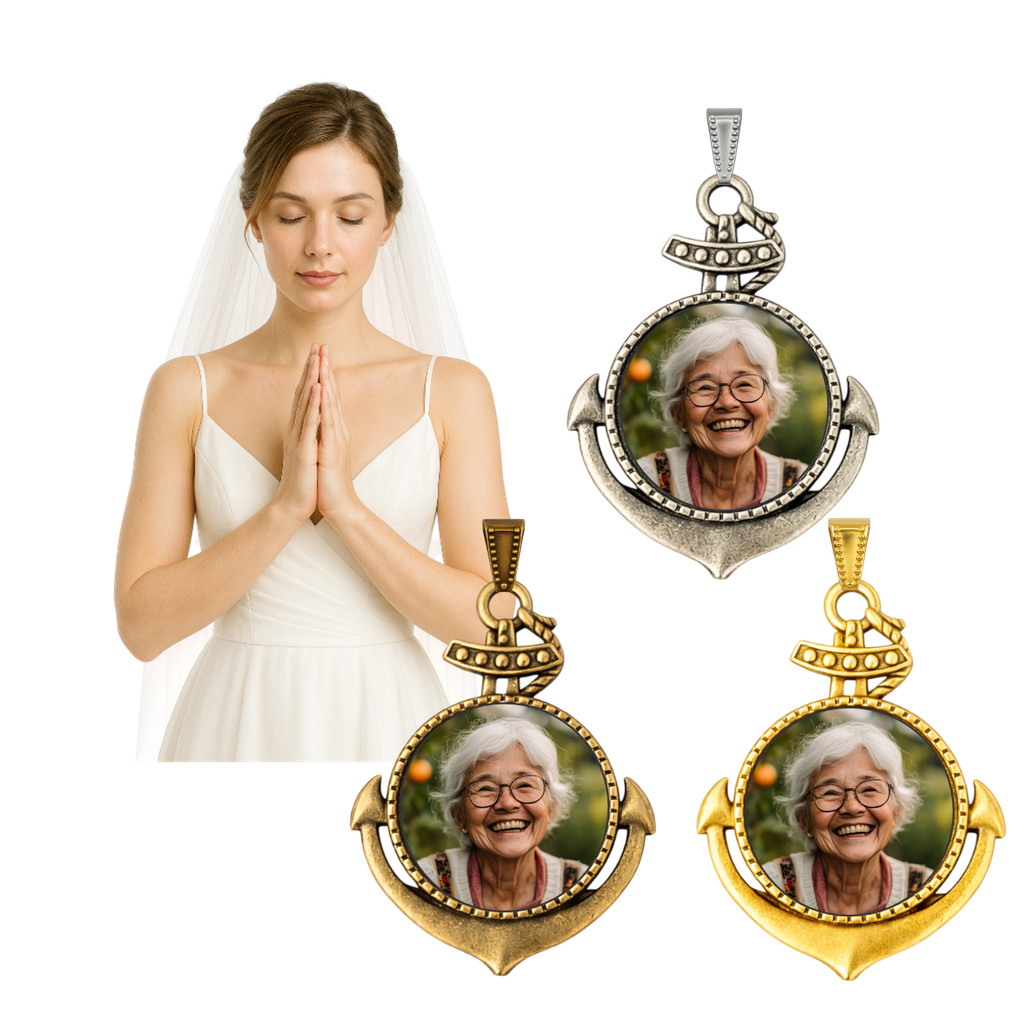 Relicário Personalizado com Foto Para Buquê de Noiva Modelo Ancora
