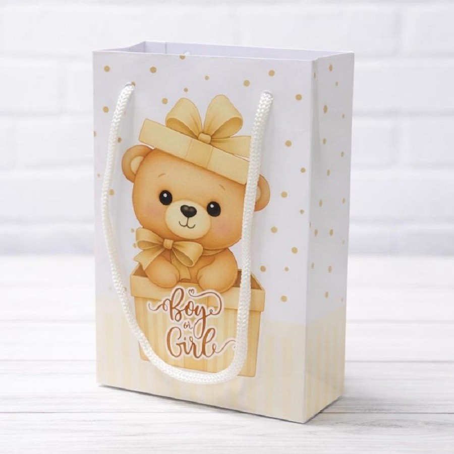 Sacolinha Chá Revelação Neutro Ursinho Dourado | Personalizada Com Nome | Mimos Festa Lembrancinhas Personalizados