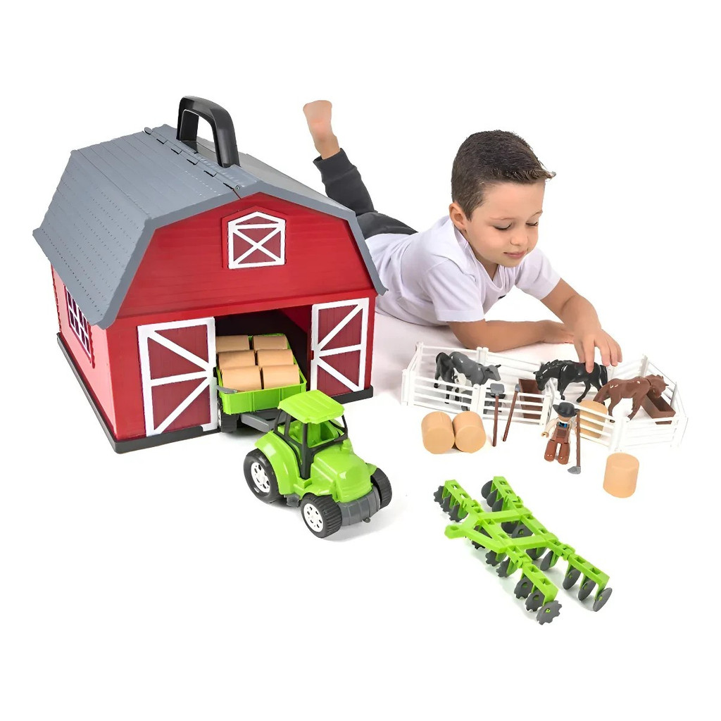 Fazendinha Completa 40 Peças Celeiro Alça Brinquedo Poliplac