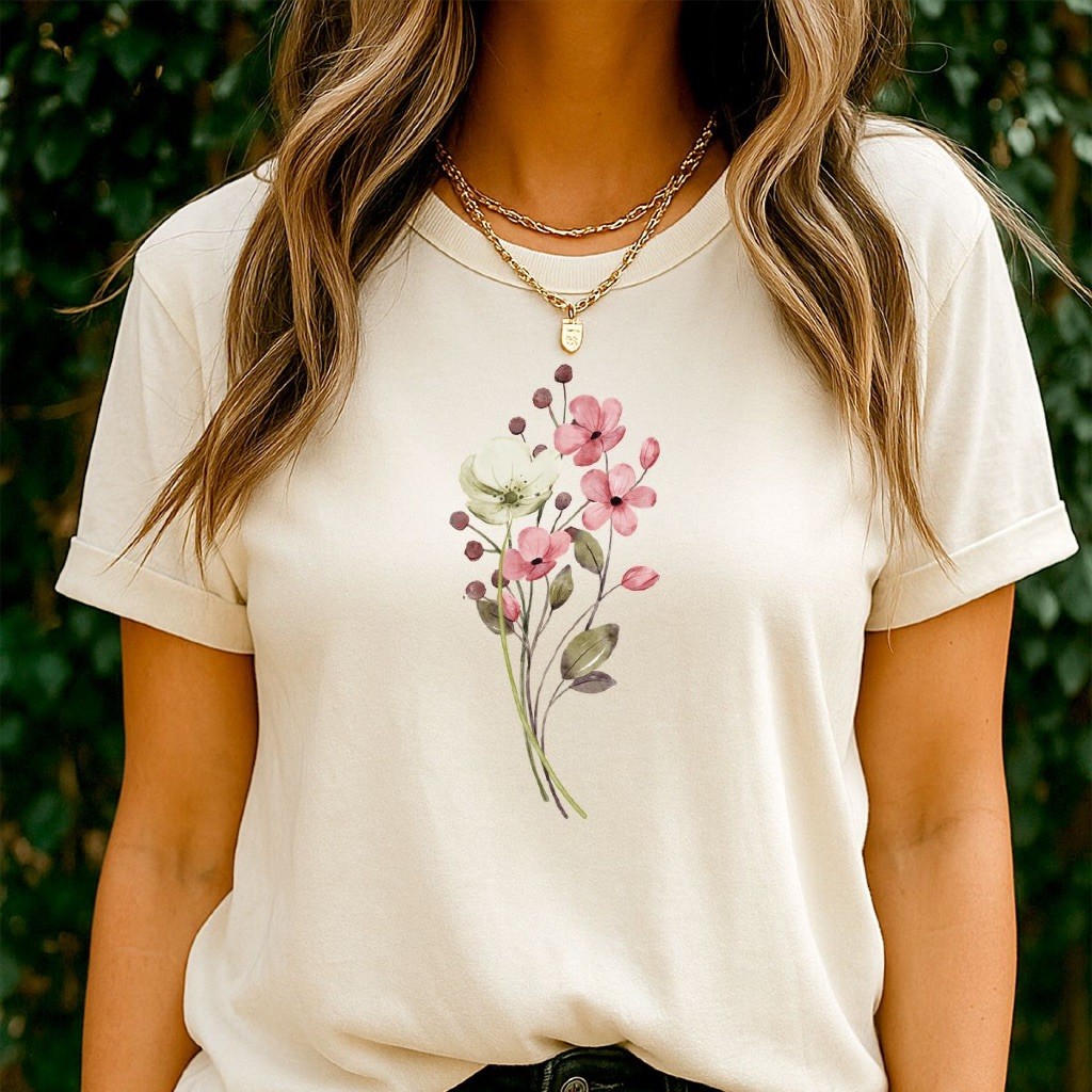 Camiseta Feminina – Flores | Camiseta Estampada  |Flores Delicadas | T-Shirt Feminina Estilosa SPD
