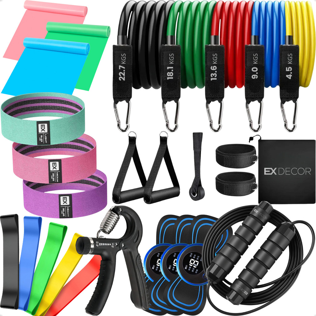 Kit 27 Itens Treino Em Casa Elástico Extensor Exercício Funcional Massageador Corda de Pular Hand Grip Fisioterapia