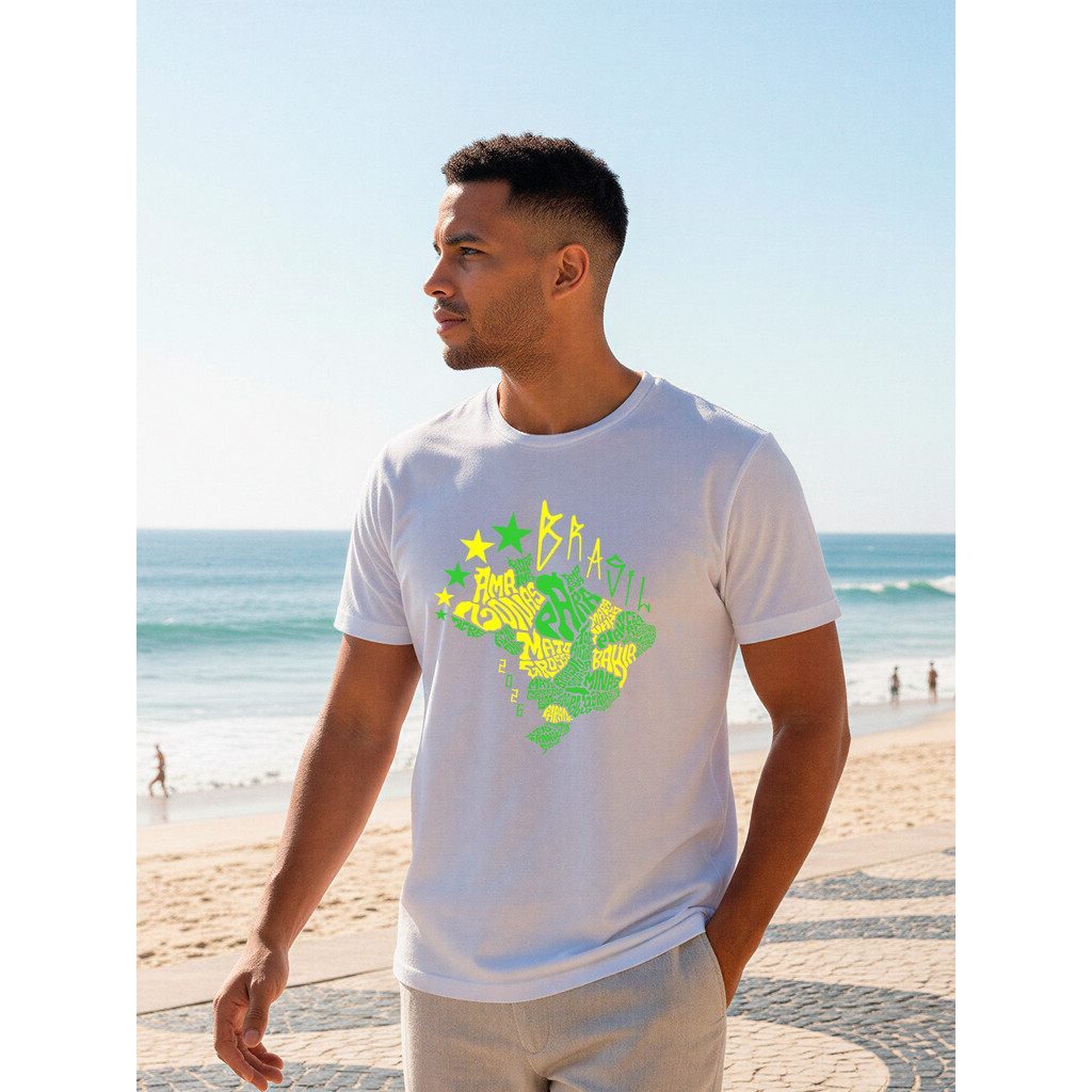 Camiseta Masculina Brasil Confortável Para Dia a Dia Blusa Copa do Mundo 100% Algodão