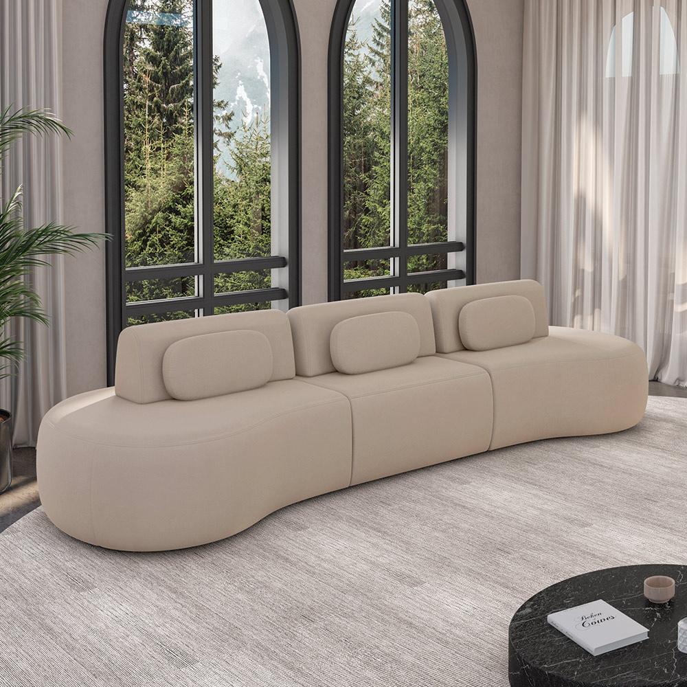 Imagem Sofá Sala de Estar Modulado França 326cm Encosto Articulável com Almofadas Veludo Bege G45 - Gran Belo