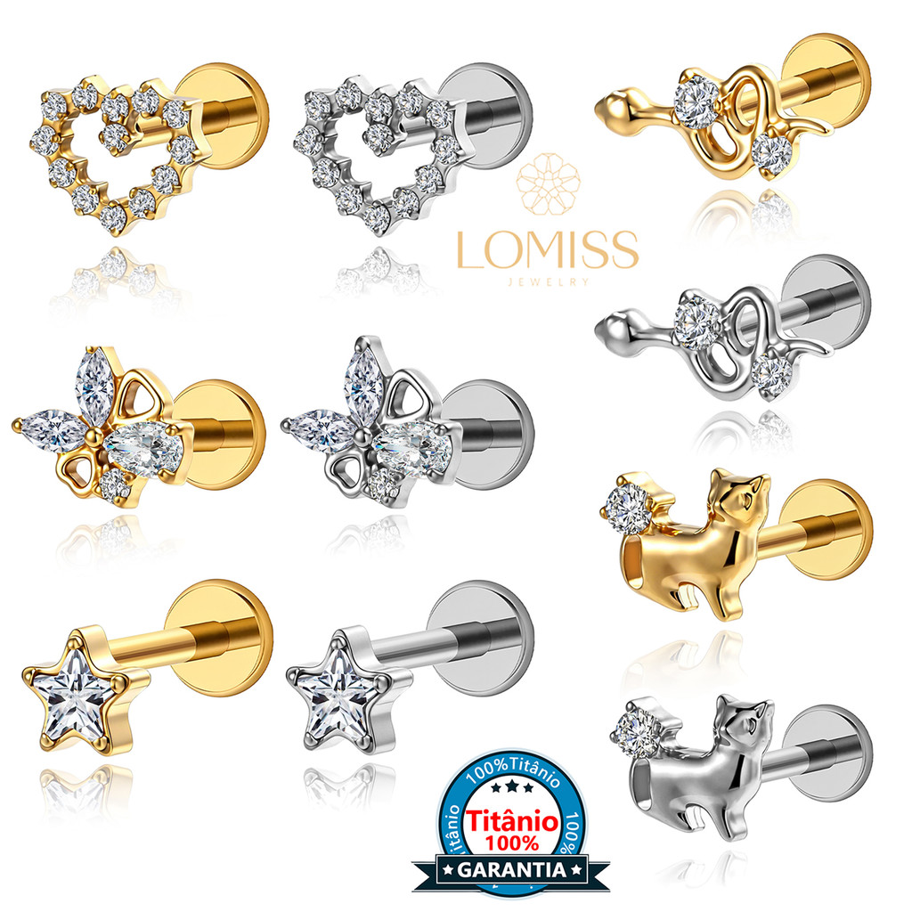 Piercing Labret Titânio Zircônias Coração Estrela Cobra Orelha Helix Tragus Conch Nariz Cartilagem Lóbulo em Oferta na Shopee