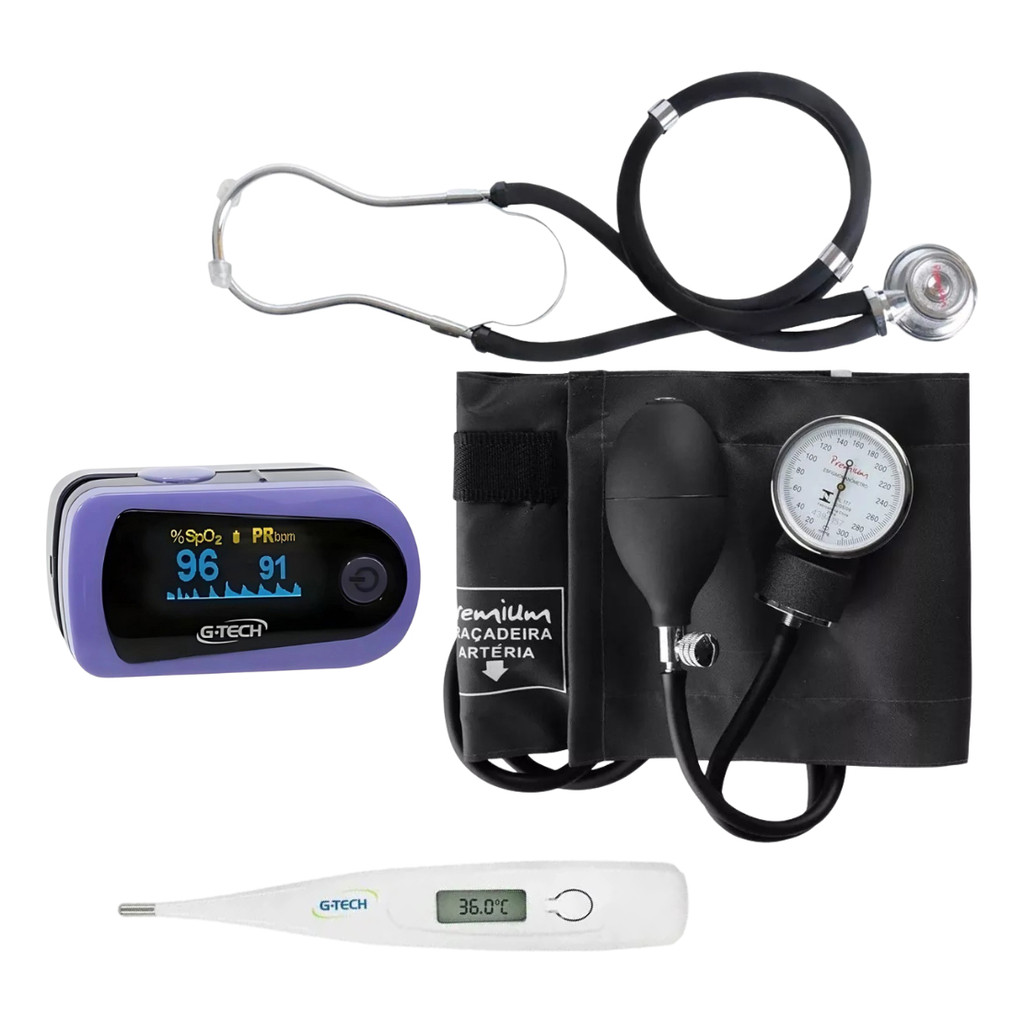Kit Saúde Profissional Esfigmo Premium Estetoscópio Rappaport Oxímetro Termômetro G-Tech