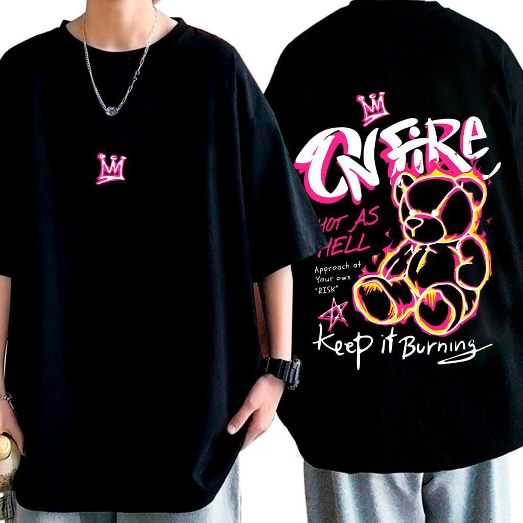 Camisa Oversized Camiseta On fire Streetwear Urso Unisex Noivdade Trendy Black
