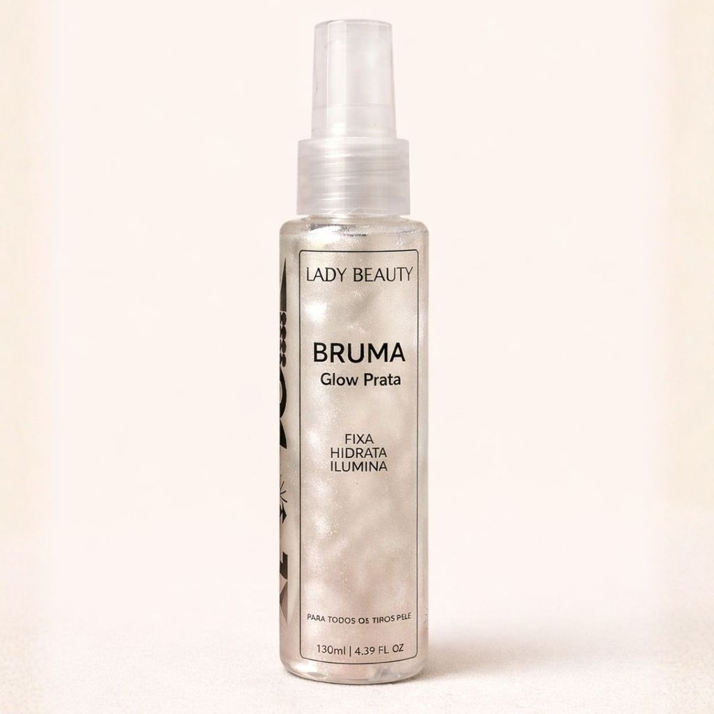 Bruma Facial Lady Beauty Prata Iluminadora Efeito Glow Fixação de Maquiagem Profissional