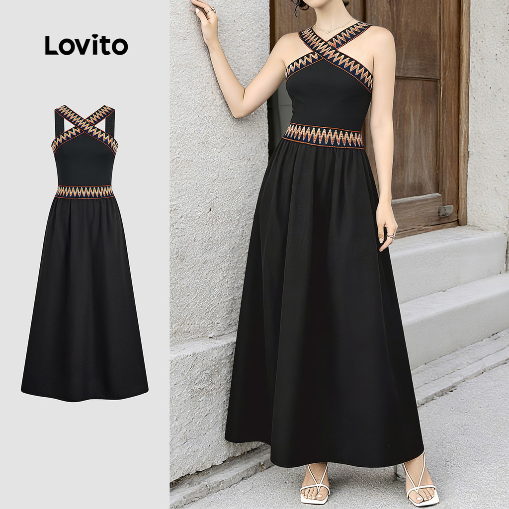 Lovito  Vestido Boho com Fita de Contraste Padrão Traje para Primavera/verão Vestido Preto para mulheres L177ED038 em Oferta na Shopee