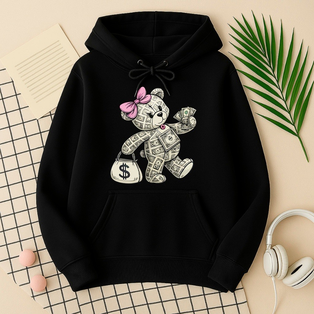 Moletom Canguru Casaco Premium Algodão Flanelado Feminino Estampada Urso Money Luxo Meninas Premium