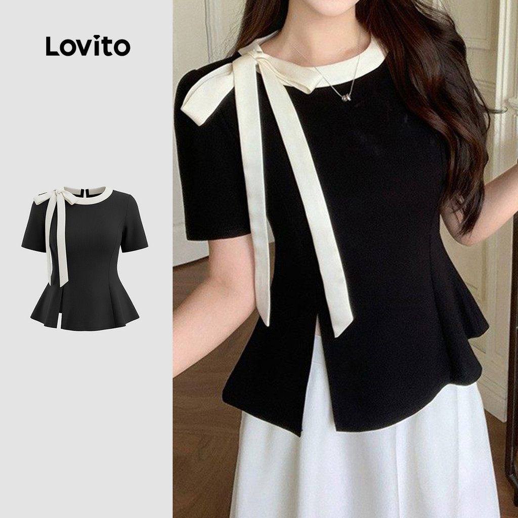 Lovito Blusa Elegante Amarrada com Recorte Preto e Branco para Mulheres Primavera/Verão LK4LD2719 em Oferta na Shopee