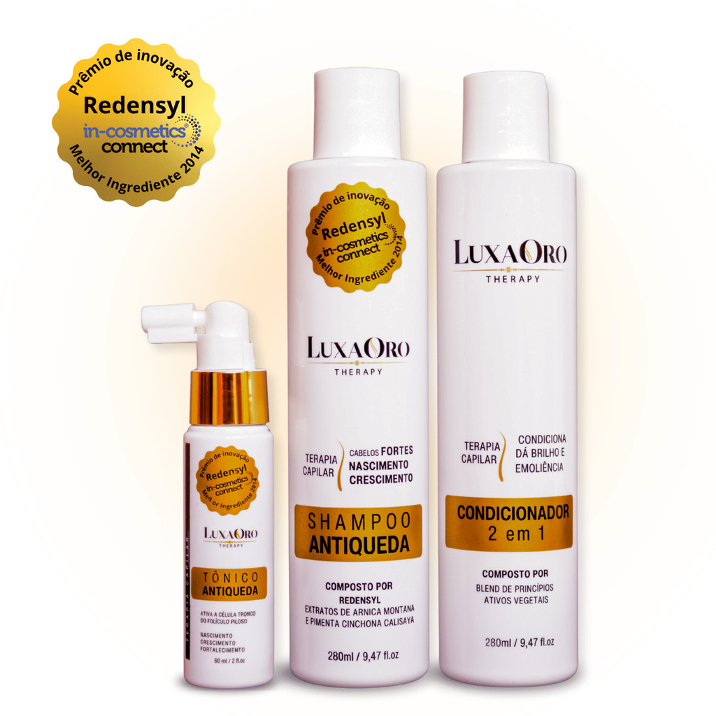 Kit Antiqueda Luxaoro c/ Redensyl Shampoo+Tônico+Condicionador em Oferta na Shopee