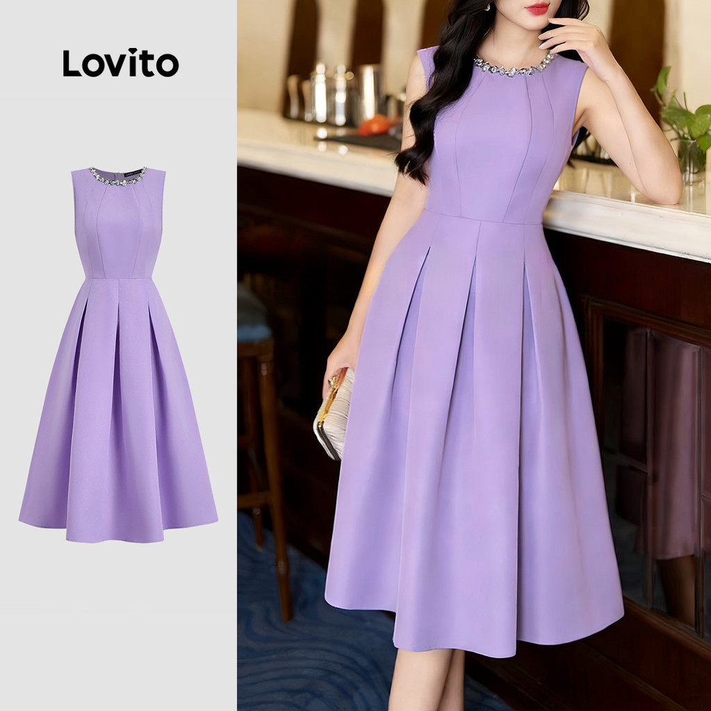 (NEW) Lovito  Vestido Elegante Linha Estrutural Primavera/verão Roxo para Mulheres L178ED194 em Oferta na Shopee