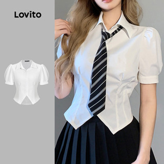 Lovito Blusa Casual Com Botão Liso Y2K Blusa Manga Bufante Para Mulheres L52AD035 (Branco) em Oferta na Shopee