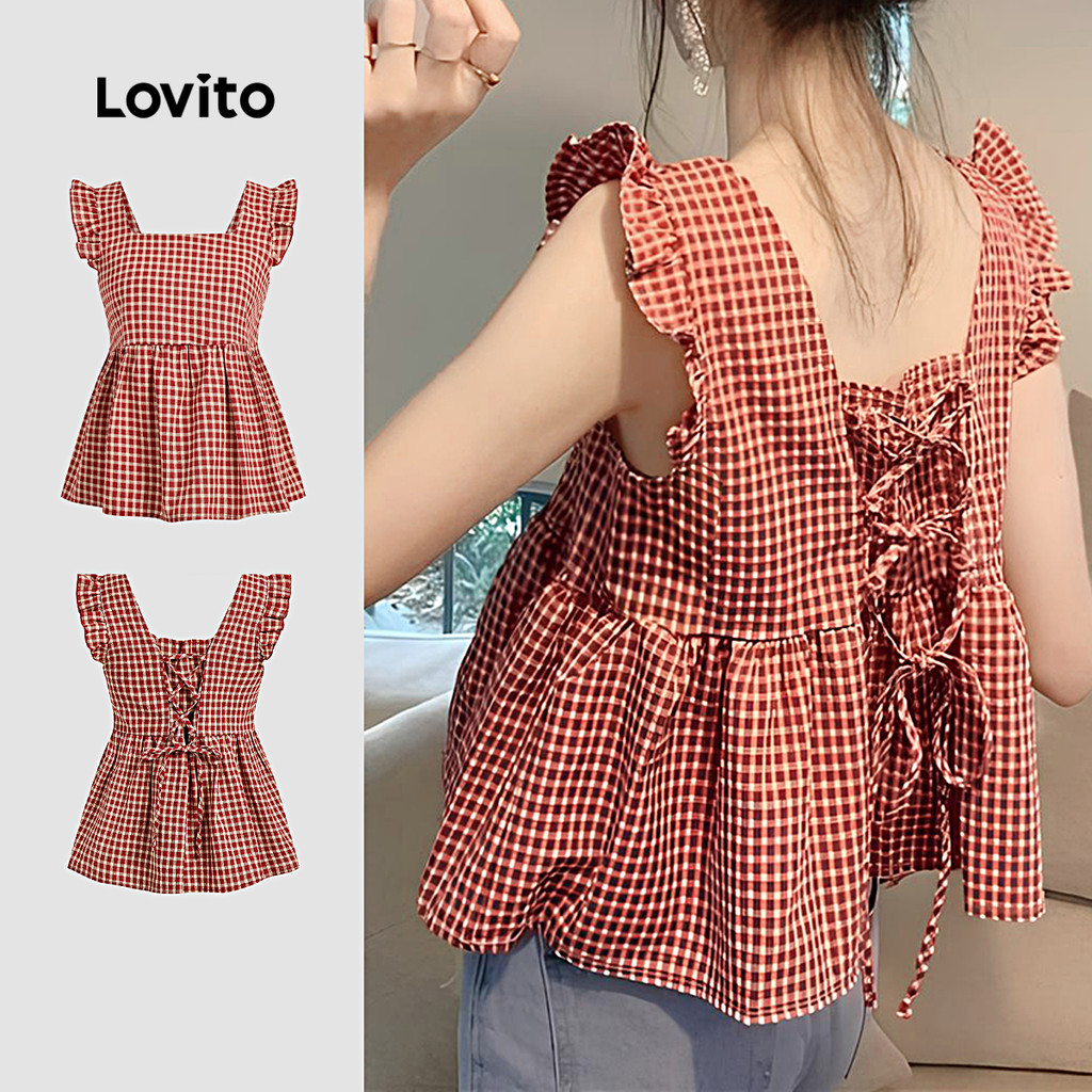 Lovito Blusa Feminina Fofa Amarração Nas Costas E Babados De Ótima Textura Na Cor Vermelha Primavera/verão LB134LD055 em Oferta na Shopee