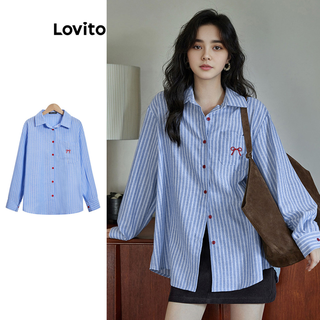 Lovito Blusa Casual Listrada Bordada Com Bolso E Botão Para Mulheres L102AD094 em Oferta na Shopee