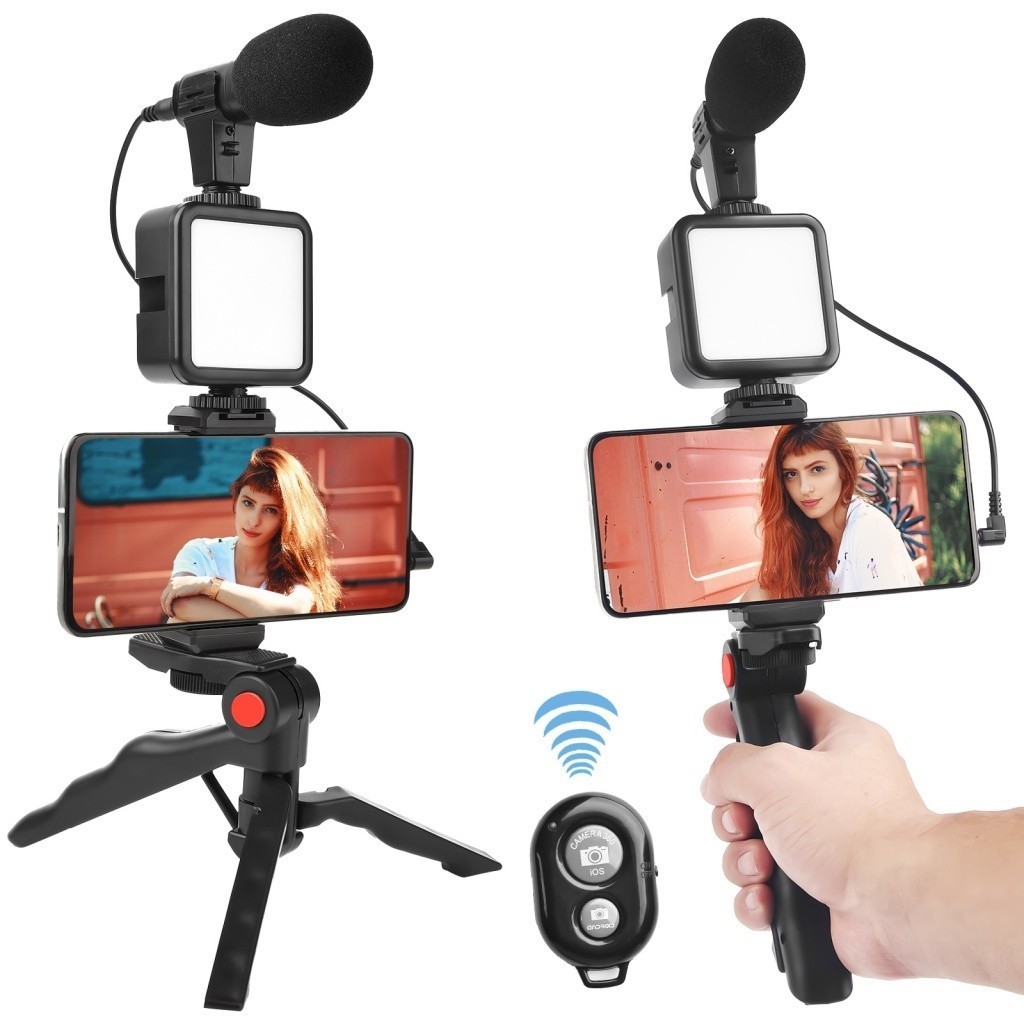 KIT 2 Smartphone Vlog  De Vídeo Com Tripé Microfone Led Luz Suporte Do Telefone Controle Remoto novo geracao