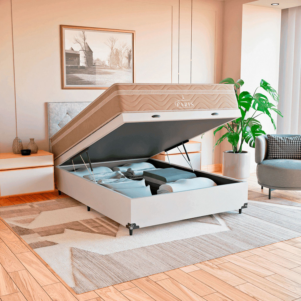 Cama Box Baú Viúva Branco + Colchão Paris Molas Ensacadas
