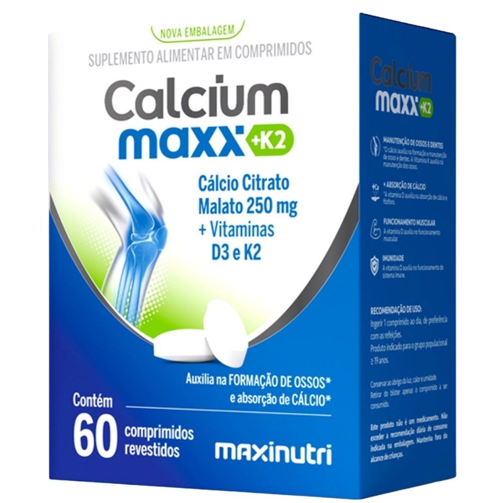 CALCIUM MAXX K2 ( Cálcio Citrato Malato + Vitaminas D3 e K2) 60 comprimidos - Maxinutri