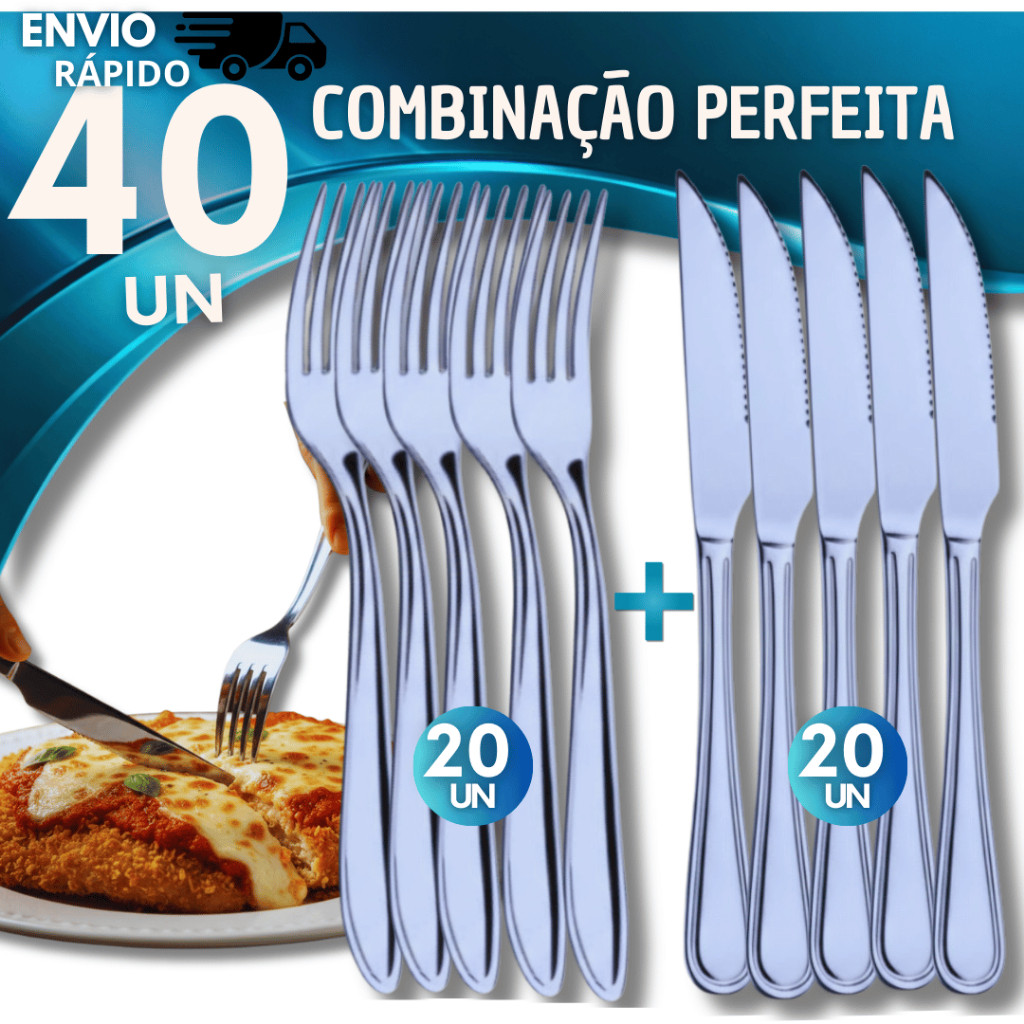 Lote Promocional Talhares 40 Peças Inox 20 Facas c/ Serra 20 Garfos  Mesa Cozinha Culinária Resistente Utilidades