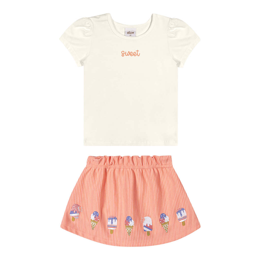 Conjunto Infantil Menina Blusa e Saia Sorvetes Elian Bege
