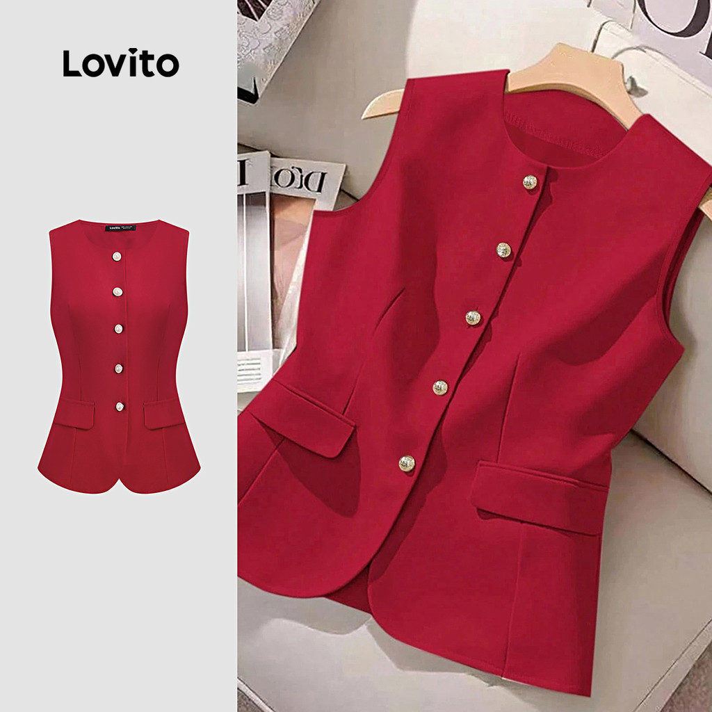(Lovito x Ana) Elegante Blusa Feminina com Botões Frontais Primavera Verão Verme