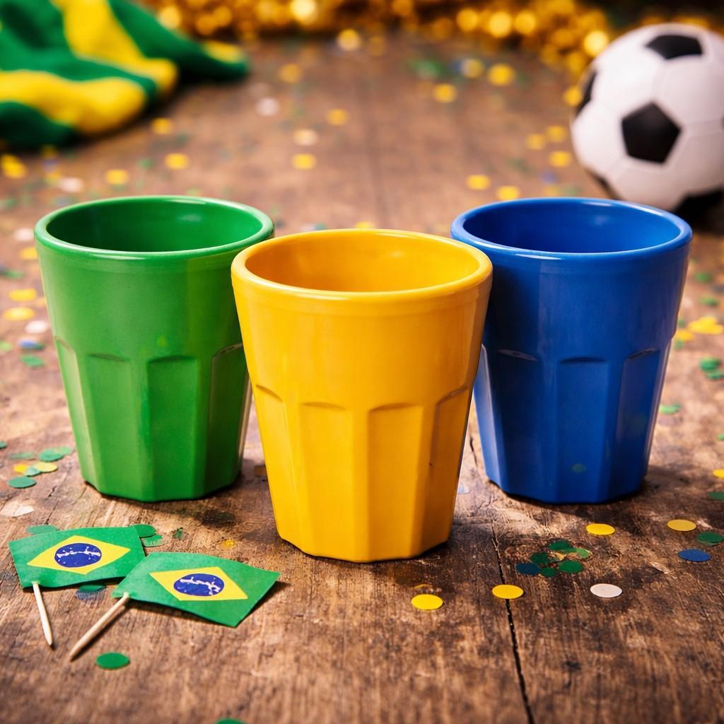 Kit 3 Copos Rio Futebol Copa do Mundo Verde Amarelo Azul Plástico 120ml Plasutil