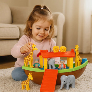 Brinquedo Arca Noé Montar Bonequinhos Animais Barco Navio Presente Criança Bichinhos Girafa Elefante Bíblia