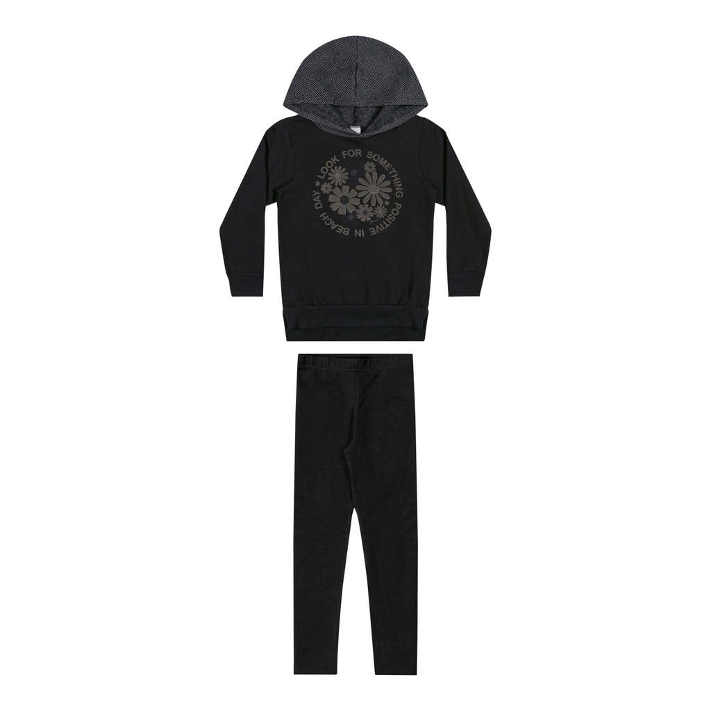 Conjunto Infantil Menina Moletom Flores Com Capuz Elian Preto