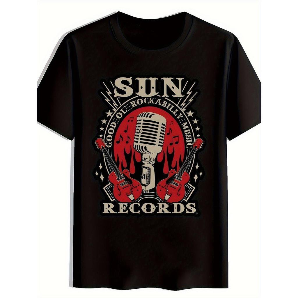 Camiseta Masculina Preta de Rockabilly com Gráfico - Gola Redonda Elástica e Manga Curta com Microfone, Guitarra & Chama