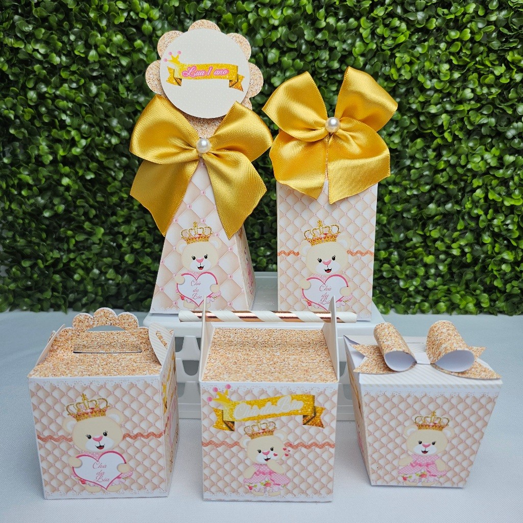 Kit Caixa Montada URSINHA COROA REALEZA DOURADA - Personalizados Festa Infantil - Aniversario - Kit festa - Lembrancinha
