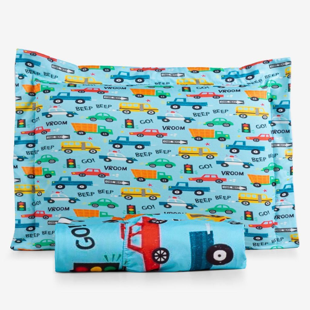 Jogo Lençol Roupa Cama Solteiro Elastico Simples Toque Seda Quarto Menino Carros Carrinho Azul Macio